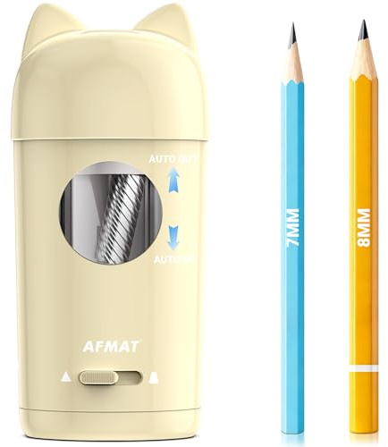 AFMAT Elektrischer Anspitzer mit Katzenohren, Wiederaufladbarer Akku & USB Spitzer für Dicke und Dünne Stifte 7-8mm, Autostop & Behälter bleistiftanspitzer für Kinder, Schule & Künstler,Off-White PSX9