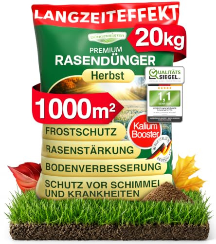 DÜNGEMEISTER Herbstrasendünger 20 kg – Herbst Rasendünger mit Langzeitwirkung & Kalium SchutzPlus – für winterfesten, kräftigen & sattgrünen Rasen – stärkt die Widerstandskraft gegen Frost & Kälte
