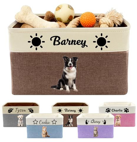 FwSYouMAI Personalised Dog Toy Basket with Name Photo Custom Dog Food Storage Bins Collapsible Organizer for Toys Dolls Clothing-Brown