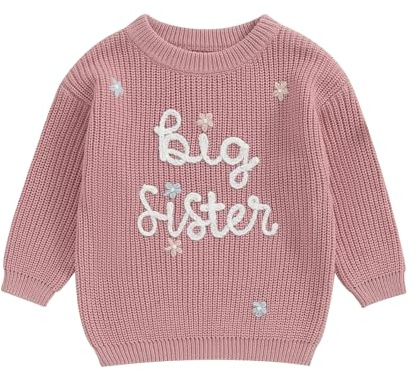 Haomibacu Little Kid Baby Girls Warm Knitted Sweater Big Sister Jumper | Little Baby Girls Warm Fall Winter Knitwear Big Sister Letter Embroidery Jumper Long Sleeve Sweater Crew Neck Pullover Top