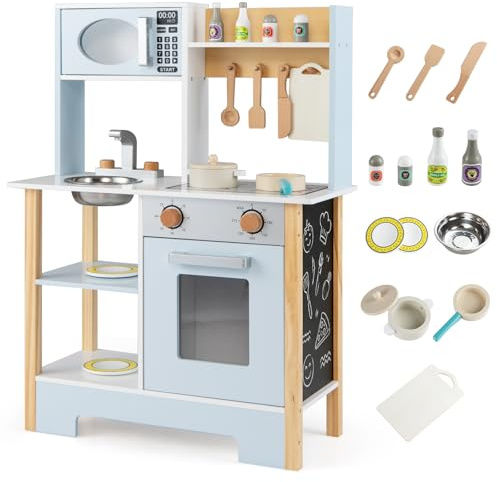 COSTWAY Cucina Giocattolo in Legno per Bambini, Set Cucina Gioco con Lavagna e Accessori Completi, Gioco di Finzione per Bambini 3+ Anni, 61,5 x 26 x 85 cm