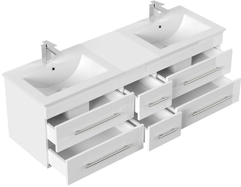 Generisch Doppelwaschplatz mit Unterschrank, 153cm Waschtisch mit Doppelwaschbecken, Weiß Hochglanz, 6 Schubladen