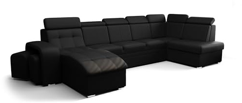 O-Sofa Wohnlandschaft Kongo RBN13, Eckcouch in U-Form mit Schlaffunktion, Farbe: Schwarz, Kunstleder, Ottomane Links