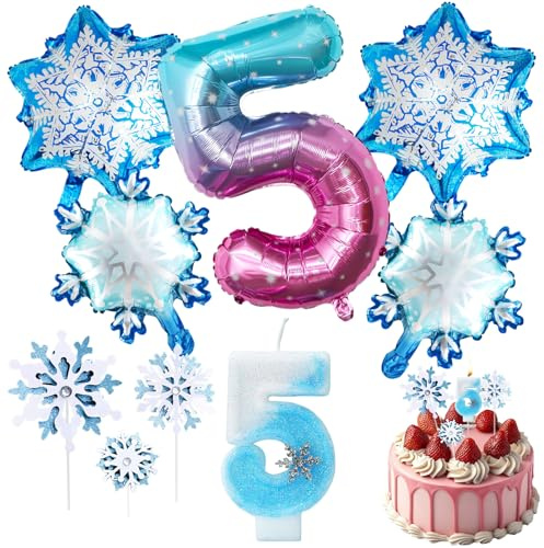 5. Geburtstagsdeko 9 Stück, Schneeflocken Deko Luftballon | Geburtstag Zahlen Luftballon 5 Jahre, Geburtstagskerzen mit Schneeflocken Kuchen Deko, Geburtstagsdekorationen, Partyzubehör