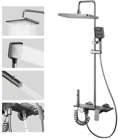 FLOWZEN Shower Mixer Set, 4 Outlet Rain Shower System, Gunmetal Grey | Rain Shower Head, Handheld Shower, Spray Gun, Bath Filler, Tempered Glass Shelf, Easy to Install