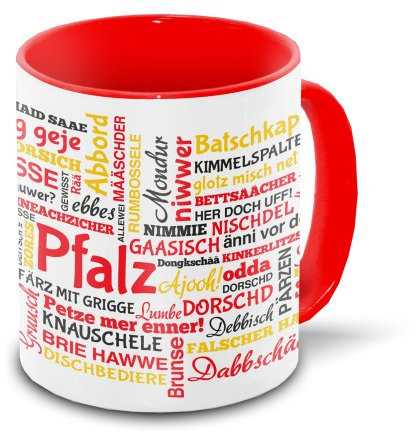 Pfalz-Tasse Tagcloud - weiß/rot - Tasse mit typischen Wörtern im pfälzischen Dialekt | Keramik-Tasse mit 330 ml Inhalt