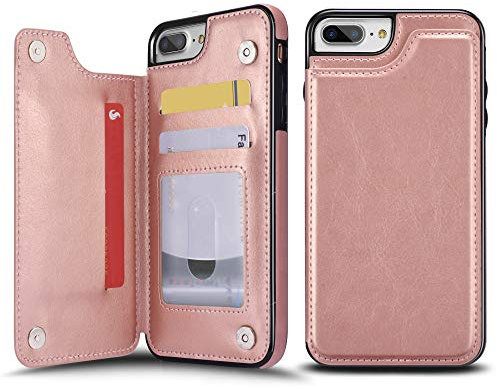 UEEBAI Case for iPhone 6/6S, Luxury PU Leather Case with [Two Magnetic Clasp] [Card Slots] Stand Function Durable Shockproof Soft TPU Case Back Wallet Flip Cover for iPhone 6/6S - Rose Gold
