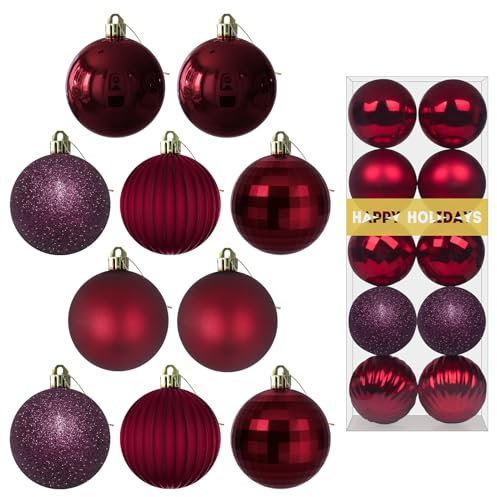 10 Stück Weihnachtskugeln Ornamente für den Weihnachtsbaum – bruchsichere Weihnachtsbaumdekorationen, großer hängender Kugelkranz, Girlande, Dekoration, Ornamente, Weinrot, 8.1 cmx10 Stück