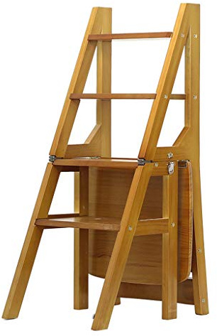 Scaletta ascendente a 4 gradini, Scaletta Pieghevole trasformabile in Legno massello Cucina Domestica Sedia per Scale Pieghevole a Doppio Uso per Adulti e Bambini, Noce