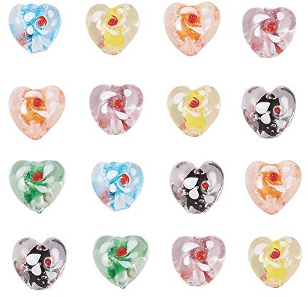 PandaHall Lot de 100 perles en verre Lampwork en forme de cœur 13-15 mm Lumineuses perles lâches avec fleur couleurs mélangées pour la fabrication de bijoux