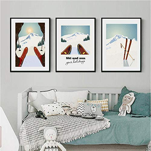 Yimesoy Leinwand Malerei Vintage Wintersport Poster Ski Art Print Poster 3 Stück Wandbilder Skifahren Bild Poster Retro Home Decoration 12X16X3Panels
