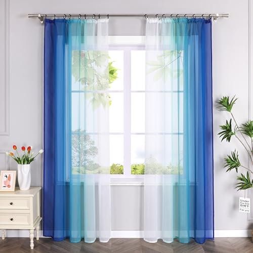 HeichkelL 2er-Set Voile Gardinen mit Kräuselband Farbverlauf Vorhänge Transparente Gardinenschals Verlaufenfarbige Fensterstores für Wohnzimmer Blau BxH 140x225cm 2 Stück