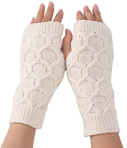 Strickhandschuhe Unisex Kurze Armwärmer Fingerlose Handschuhe mit Daumenloch Dehnbar Halbfinger Handschuhe Winter Warm Fäustlinge, weiß, 38