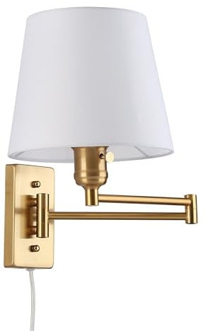 B·LED BARCELONA LED BarcelonaLED Gelenkarm Wandleuchte Modern Nordic Gold mit Stecker Kabel und Schalter Stoffschirm Weiß E27 Stecker zum Lesen Schlafzimmer Nachttisch Hotel