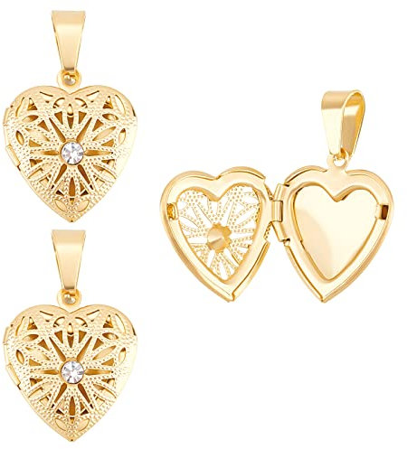UNICRAFTALE 3 Stück Goldenes Herz Medaillon Charm Kristall Edelstahl Diffusor Medaillon Anhänger Mit Strass Foto Medaillon Halskette Anhänger Für Die Schmuckherstellung 22.5x19 mm