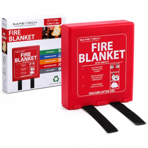 SAFE-TECH Hard Case Fire Blanket for Kitchen, 1 x 1m, Cert. to BS EN1869 | Kitchen Fire Blanket for Cooking, Oil & Grease Fires, British Standard EN 1869, Heat Resistant up to 580°C, Quick Unfolding