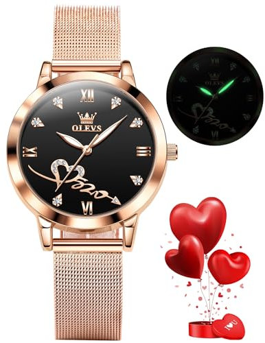 OLEVS Ladies Watches Rose Gold Mesh Strap Fashion Dress Japanese Quartz Waterproof Luminous Female Watches for Women Bracelet Sets