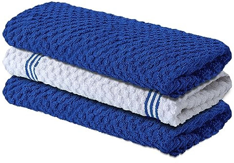 Infinitee Xclusives Premium Kitchen Towels – Pack of 3, 100% Cotton 15 x 25 Inches Absorbent Dish Towels - 425 GSM Tea Towel, Terry Kitchen Dishcloth Towels- Blue Dish Cloth for Household Cleaning