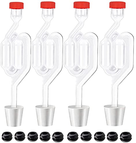 4 Stück Doppelblasen-Luftschleusen-Set, Fermentations-Luftschleuse, Brau-Set, Luftschleusen zum Gären, mit 4 Stopfen + 10 Ösen