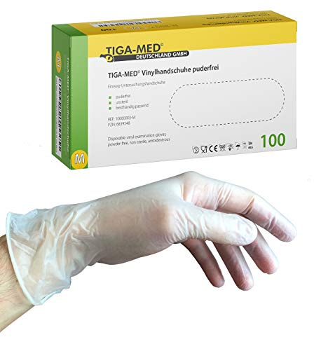 TIGA-MED Vinylhandschuhe Größe M, 4.000 Stück (40 × 100) – Puderfreie transparente Einmalhandschuhe ohne Naturkautschuklatex, lebensmittelgeeignet, EN 455