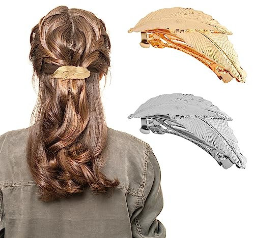 Vesaneae 2 Stück Vintage Blatt Haarspange, Französische Vintage Haarspangen Metall, Feder Blatt Haarklammern, Exquisite Barrette Clip, Haarschmuck Kopfschmuck für Frauen Und Mädchen (Silber+Gold)