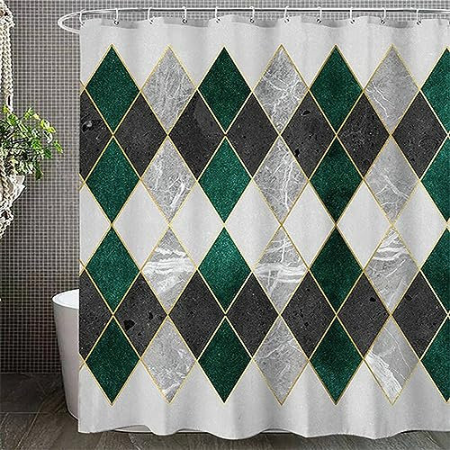 Duschvorhang 120x180 Anti Schimmel, Geometrisches Muster Polyester Stoff Bad Vorhäng für Badezimmer, Schwarz Grün Weiß