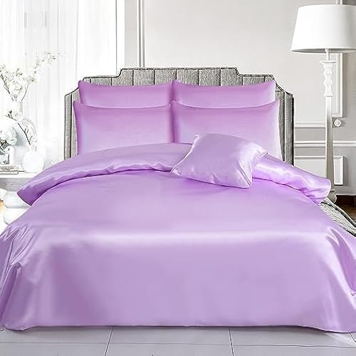 WEAVERS: Luxurious 6-Piece Silky Satin Bedding Set, Smooth & Glossy Finish, Includes Reversible Zipped Duvet Cover, 1 Fitted Sheet, and 4 Pillowcases. (Colour Lilac Size King)
