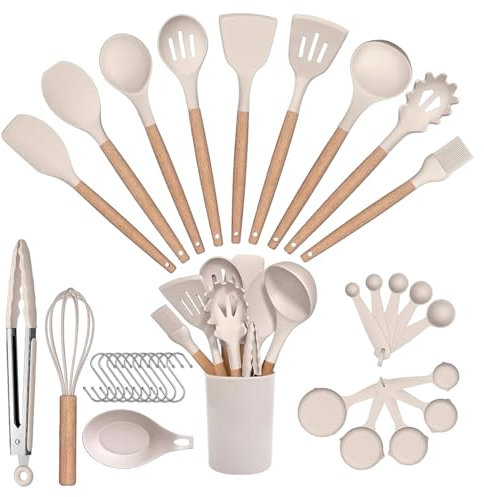 33-Piece Silicone Kitchen Utensils Set with Wooden Handles – Nonstick, Heat-Resistant, BPA-Free Cooking Tools – Complete Kitchen Accessories Set for Home Cooks & Chefs