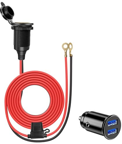 Giantdeer 2M 12V Heavy Duty Zigarettenanzünder Buchse zu O Ring Terminal,Wasserdichte 12V Zigarettenanzünder Steckdose mit Verlängerungskabel, 14AWG 20A kabel, Dual USB Mini-Ladegerät für Auto/Boot