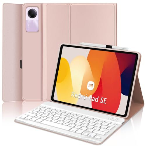 JADEMALL Funda con Teclado para Xiaomi Redmi Pad SE 11, Teclado Bluetooth Inalámbrico Desmontable Magnético con Funda Protectora Delgada para Tablet Xiaomi Redmi Pad SE 2023 11 Pulgadas, Rosa