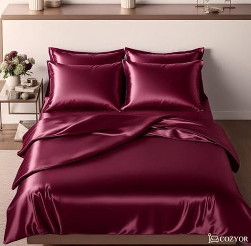 Cozyor Satin Bettwäsche 155x200 extra dick und weich mit robustem Reißverschluss 2X Kissenbezug 40x80 cm, edles Satin 3-teilig, Bordeaux Berry