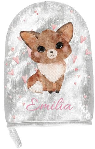 Personalisierter Baby-Badewaschlappen mit Namen | Wählbare Tiermotive | Mikrofaser & Baumwolle | Mit Aufhängeschlaufe | Hergestellt in der EU (Fuchs)