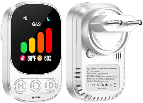 Gedsffati Detector de Gas Combustible con Enchufe para Uso Doméstico, Detector de Gas para Casa, Alarma de Gas para Gas Natural Metano Propano Butano, con Gran Pantalla en Color, Blanco, HD05