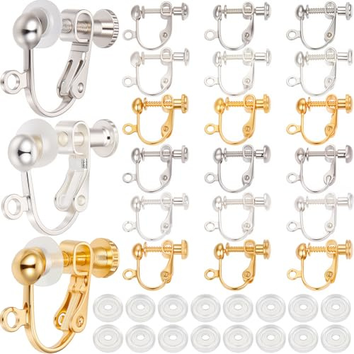 SOFPLATE 1 Box 36 Stück Silber Ohrring Konverter Gold Clip Ohrring Verschlüsse Messing Nicht Durchbohrte Schraubverschluss Clip On Ohrring Komponenten Mit Silikonpad Ohrring Clips Für Schmuckherstellu