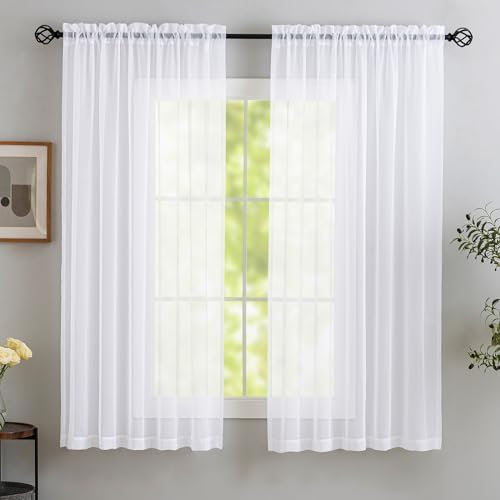 MYSTIC-HOME Gardinen Weiss Transparent - Voile Gardinen Wohnzimmer Modern - Luftige Soft und Sonnenlichtfilterung - Rod Pocket Vorhang Weiß Durchsichtig für Schlafzimmer, Weiß 2er Set H145 x B140 cm