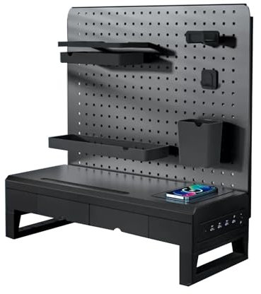 Smart Desktop Monitor Stand with Drawers, Magnetic Metal Peg Board - Desk Top Storage Drawers for Office and Gaming Desk Organization