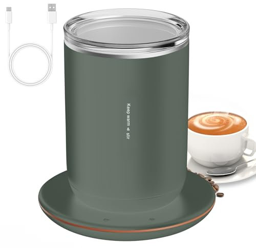 Irishom 2 In 1 Self Stirring Coffee Mug 55℃/131℉Constant Temperature Cup Warmer 10W Magnetic Self Stirring Cup with 300ml/10.5oz Thermal Insulated Stainless Steel Cup Touch Button Base&Dustproof Cover