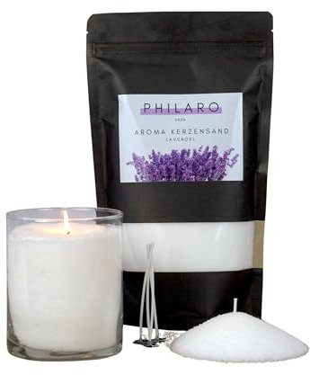 Philaro Kerzensand mit Duft - Lavendel - 400g inkl. 4 Dochte in vier Duftvarianten - Kerzengranulat - Aromasand - Kreative DIY Kerzen - Kerzenalternative