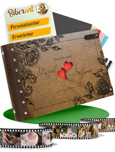 Personalisiertes Gästebuch I Fotobuch I Fotoalbum aus Holz I 40 DIN A4 schwarzen blanko Seiten I Zum Selbstgestallten I Wedding - Erinnerungsbuch mit Ledercover I Zwei Herzen I Dunkel