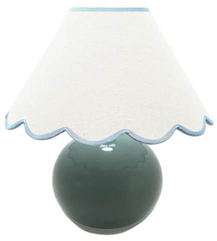ValueLights | Eucalyptus Ceramic Table Lamp with Blue Trim Scallop Lampshade Living Room Bedside Light | Table Lamps, Home Décor & Improvement Essential | Included LED Bulb