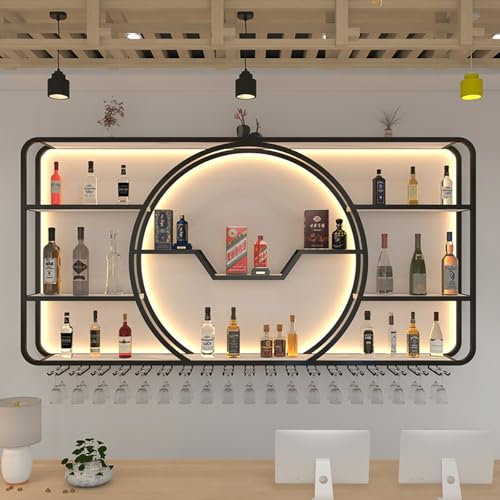 Casier à vin mural avec support pour verres à vin, étagère de bar, étagères flottantes, lumières LED, affichage de bouteilles d'alcool, étagères de rangement suspendues – Organiseur de cave à vin de