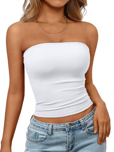 Trendy Queen Womens Strapless Tube Tops Basic Backless Sleeveless Bandeau Going Out Crop Tops Cute 2026 Summer Clothes White M