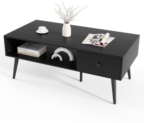 COSTWAY Table Basse avec Rangement, Table de Salon avec 1 Tiroir, Compartiment Large, 4 Pieds en Métal pour Salon (Noir)