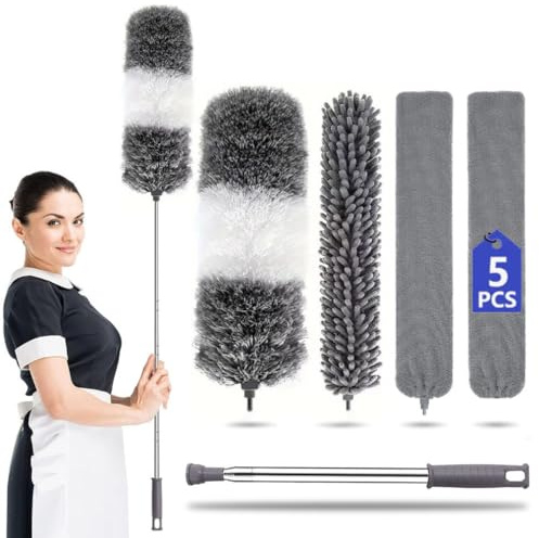 5PCS Feather Duster Kit with 17-94 inch Telescopic Extension Pole, Detachable Bendable and Reusable Gap Hand Crevice Brush for Cleaning Dust Cobwebs on High Ceiling Lights Fans Blinds Furniture Cars