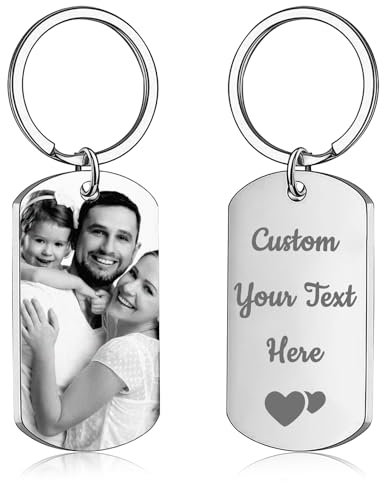 Schlüsselanhänger Personalisiert mit Foto, Schlüsselanhänger Gravur Bild und Text, Personalisierte Geschenke für Männer, Frauen & Partner (Silber - 1)