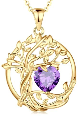 FANCIME Lebensbaum Amethyst Kette für Damen Gelbgold Vergoldet Baum des Lebens Amethyst Anhänger Halskette Schmuck Geschenke für Damen Frauen Mädchen, Kettenlänge: 40+5 cm