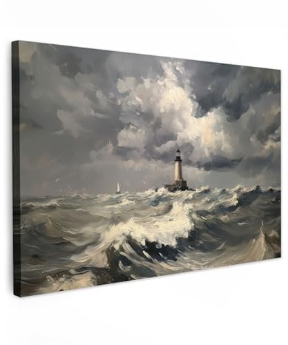 MuchoWow© Wandbilder Groß 120x80 cm XXL Schlafzimmer Home Deko Wohnung Bild Wohnzimmer Fotoleinwand Wand Bilder Leinwand Wall Decor Leuchtturm - Wellen - Sturm