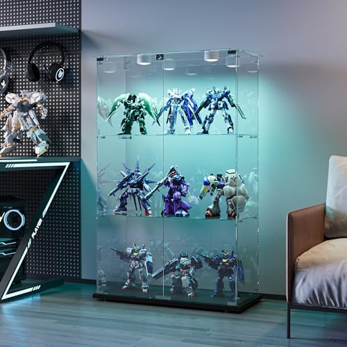 Glasvitrine Standvitrine,Glasvitrine Stehend mit Led,3 Lagen Glas Holz Glas Vitrine Vitrinenschrank 2 TüR und Schloss Vitrine Glasschrank Display Cabinet Sammlervitrine (Schwarz, 3 Etagen 2 Tür+LED-1)