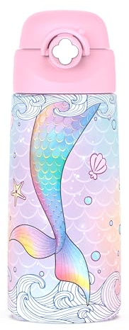 Ntswasd Girls Insulated Water Bottle with Covered Pop-Up Straw,500 ML Kids Cups with Stainless Steel Leak Proof for School(Mermaid)