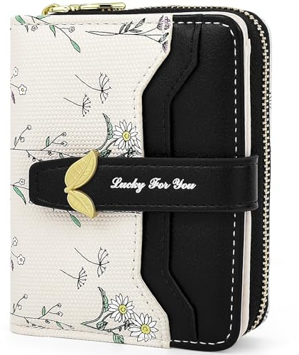 Busnos Geldbörse Damen Geldbeutel Klein Portemonnaie Damen Mini Portmonee for Women Geldbörsen Blüten in Schwarz mit Münzfach und Kartenfächern | Portemonnaie aus PU Leder